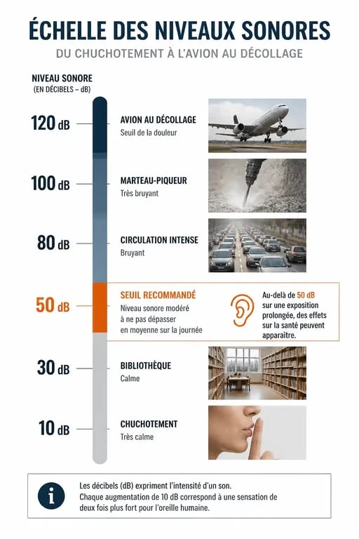 Infographie de l'échelle des décibels illustrant le niveau sonore de 50 dB par rapport à d'autres bruits du quotidien