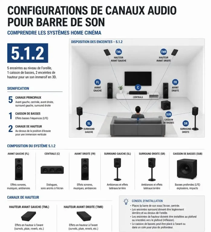 Schéma explicatif des canaux audio pour choisir la meilleure barre de son