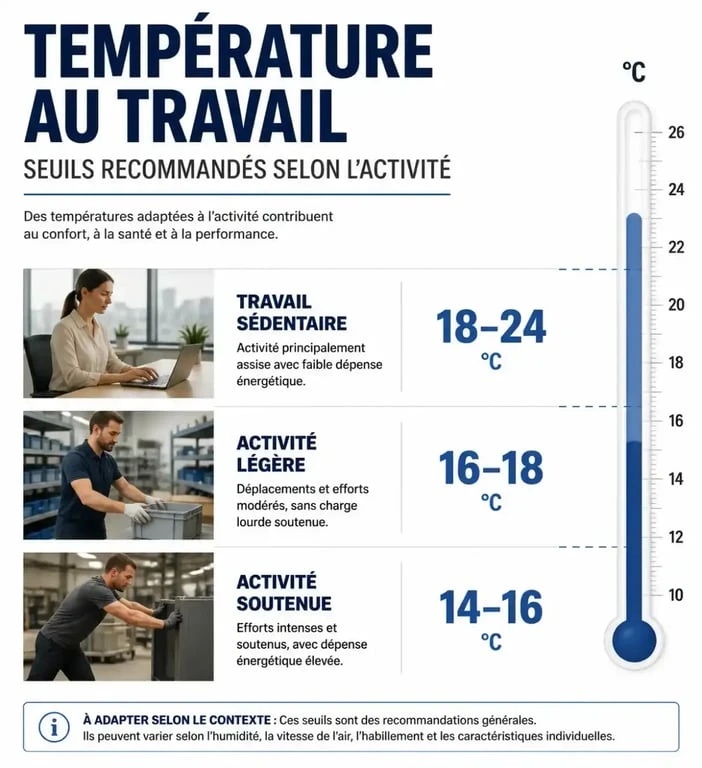 Infographie des températures minimales recommandées au travail selon l'activité physique