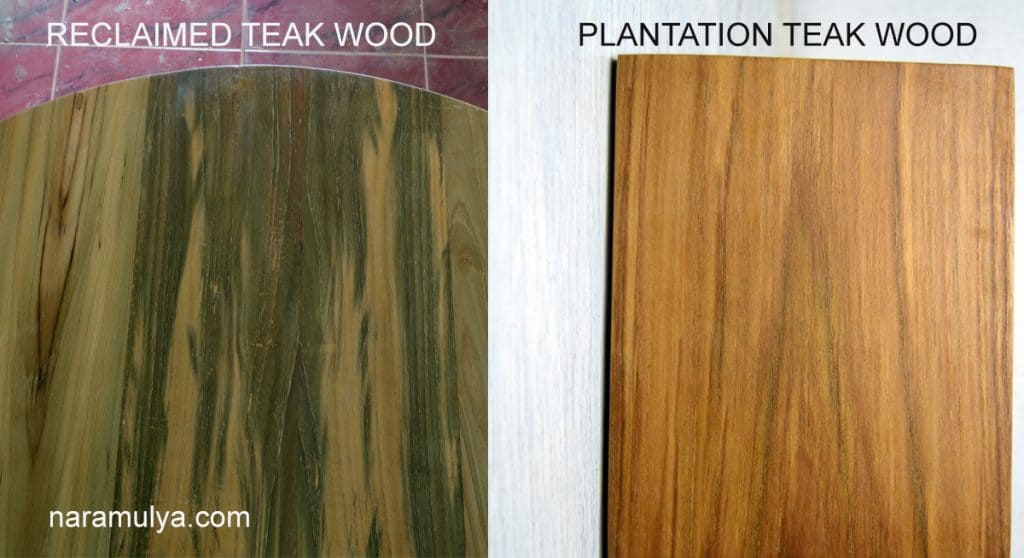 A side-by-side technical comparison showing the difference in consistency in the reclaimed teak vs plantation teak debate