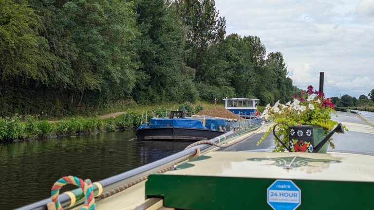 Narrowboats moored along a peaceful canal with lush greenery and flowers.