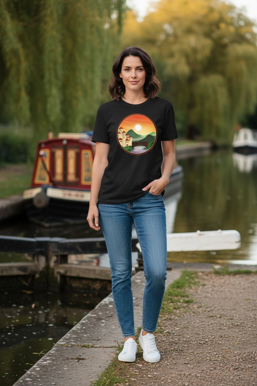 Woman wearing UK Narrowboat Life themed T-shirt by canal.
