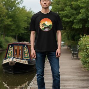 Young man standing on narrowboat path with canal and boat in background.