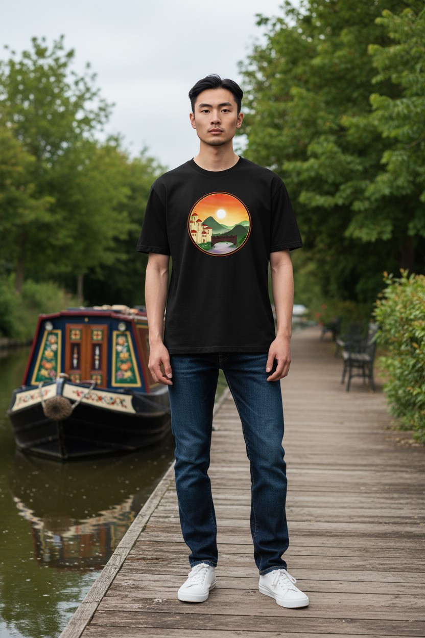 Young man standing on narrowboat path with canal and boat in background.