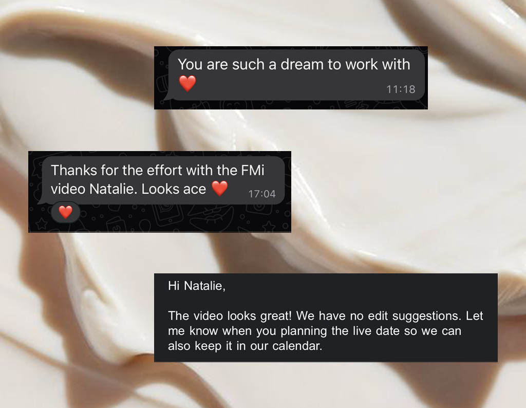 Screenshots of client feedback for Natalie O'Neill skincare