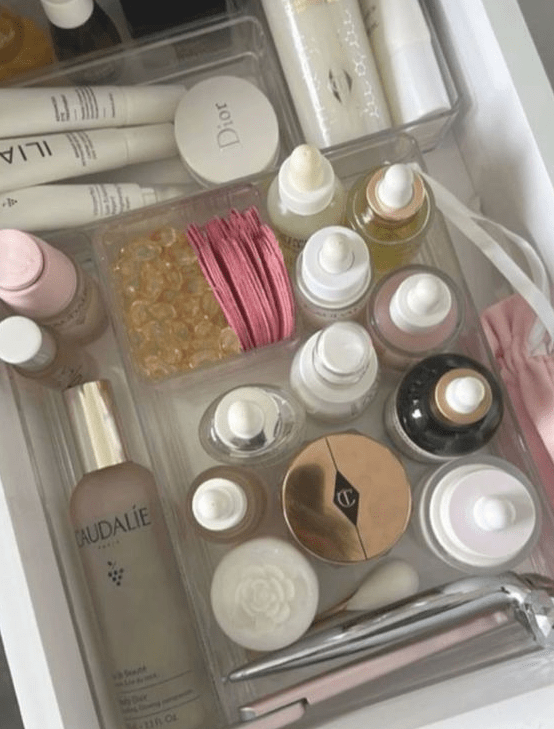 skincare serums in drawer