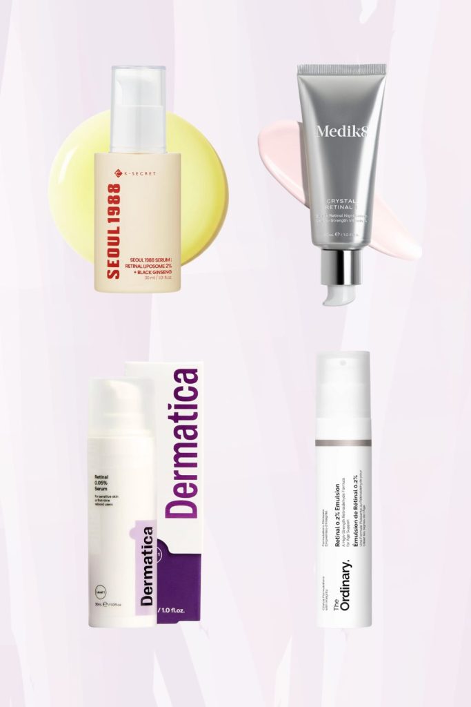 What is retinaldehyde: skincare products including retinaldehyde serums and creams on a soft pink background.