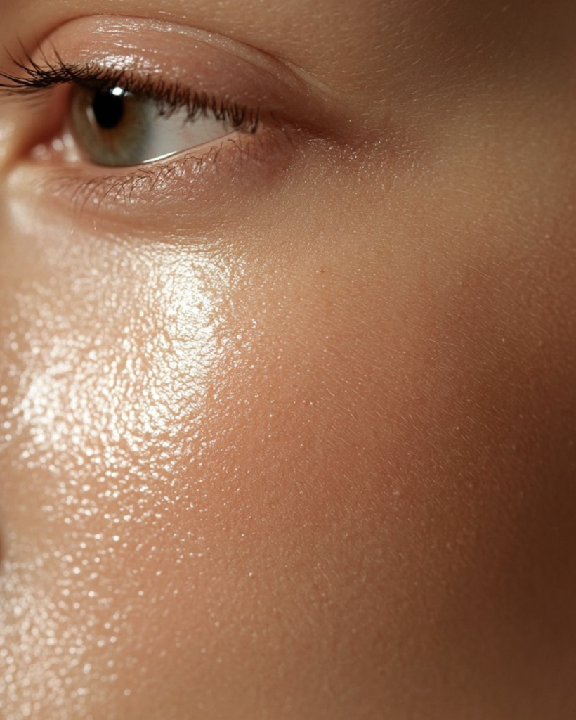 Close-up of woman's glowing face.