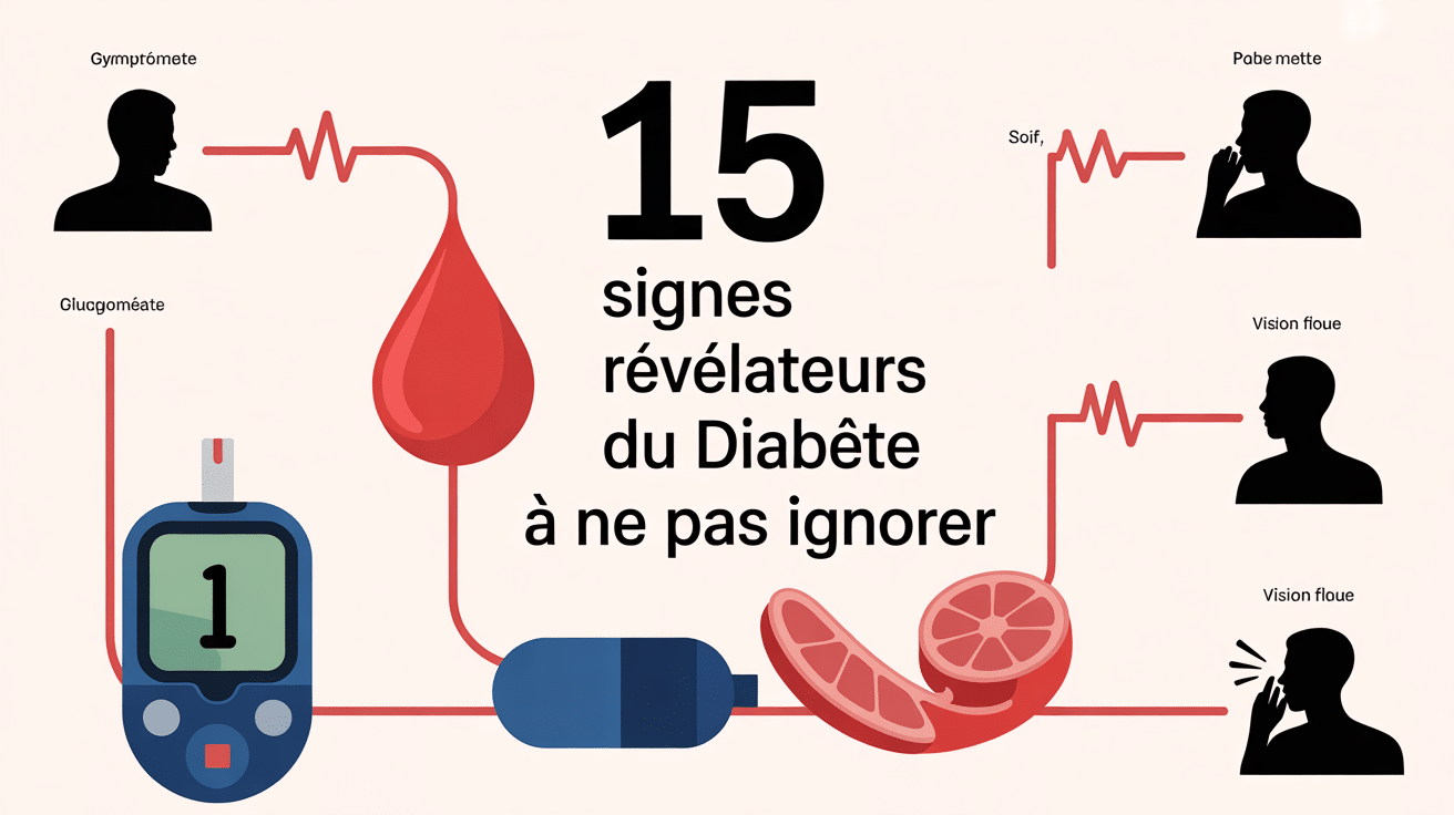Illustration médicale des 15 signes du diabète avec glucomètre