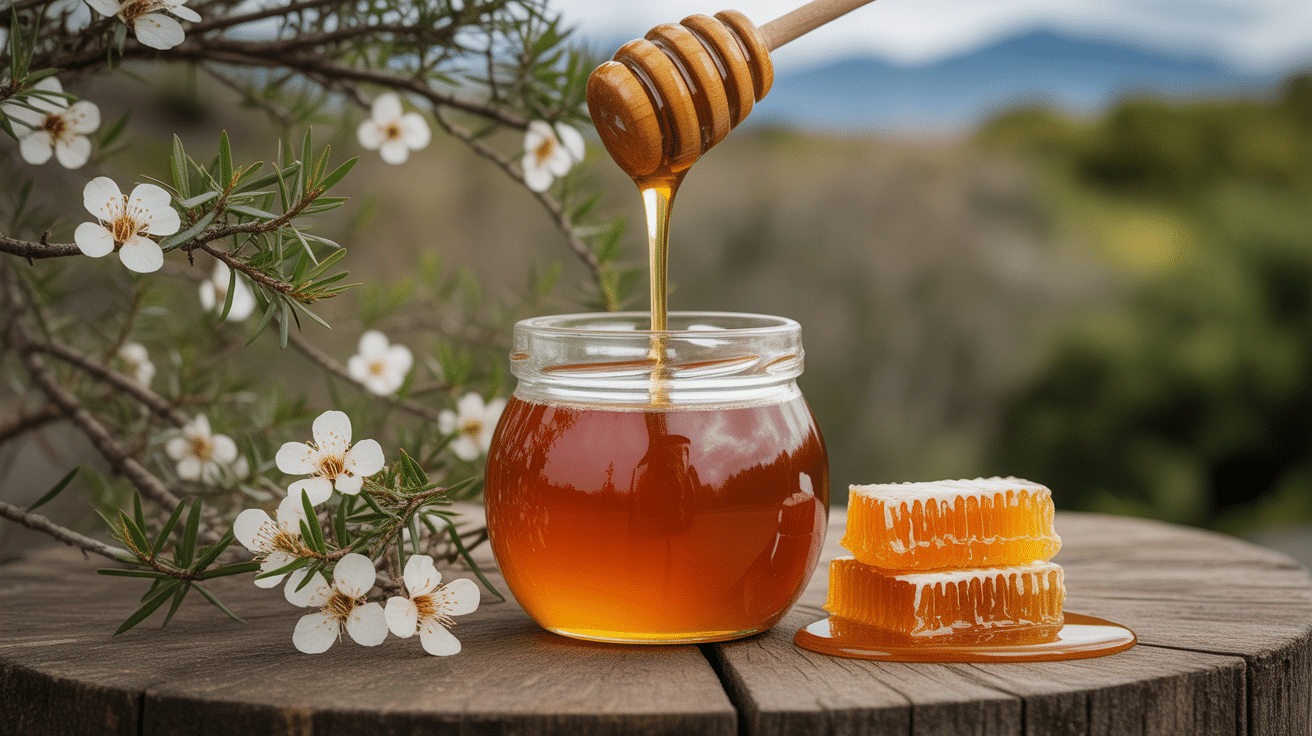 Pot de miel de manuka ambré sur fond de paysage néo-zélandais
