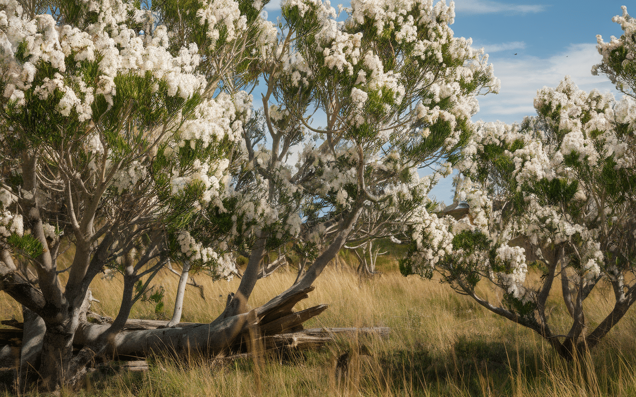 Arbustes de manuka en fleurs avec ruche et abeilles