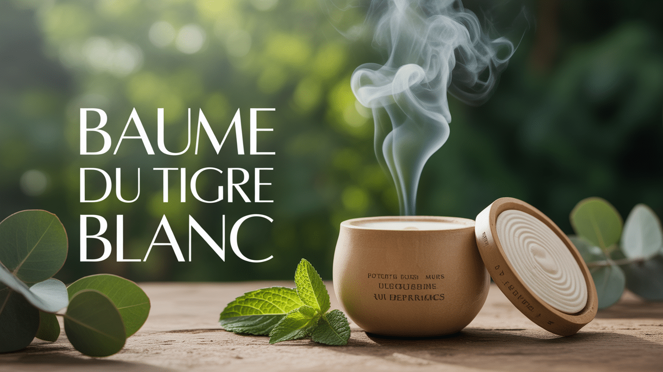Pot ouvert de baume du tigre blanc avec eucalyptus et menthe