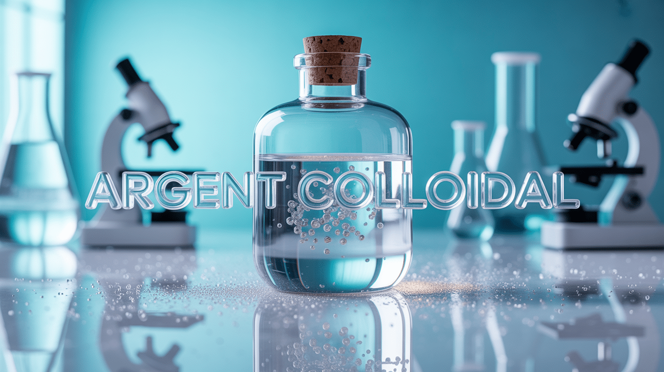 Bouteille en verre avec liquide d argent colloidal et particules microscopiques