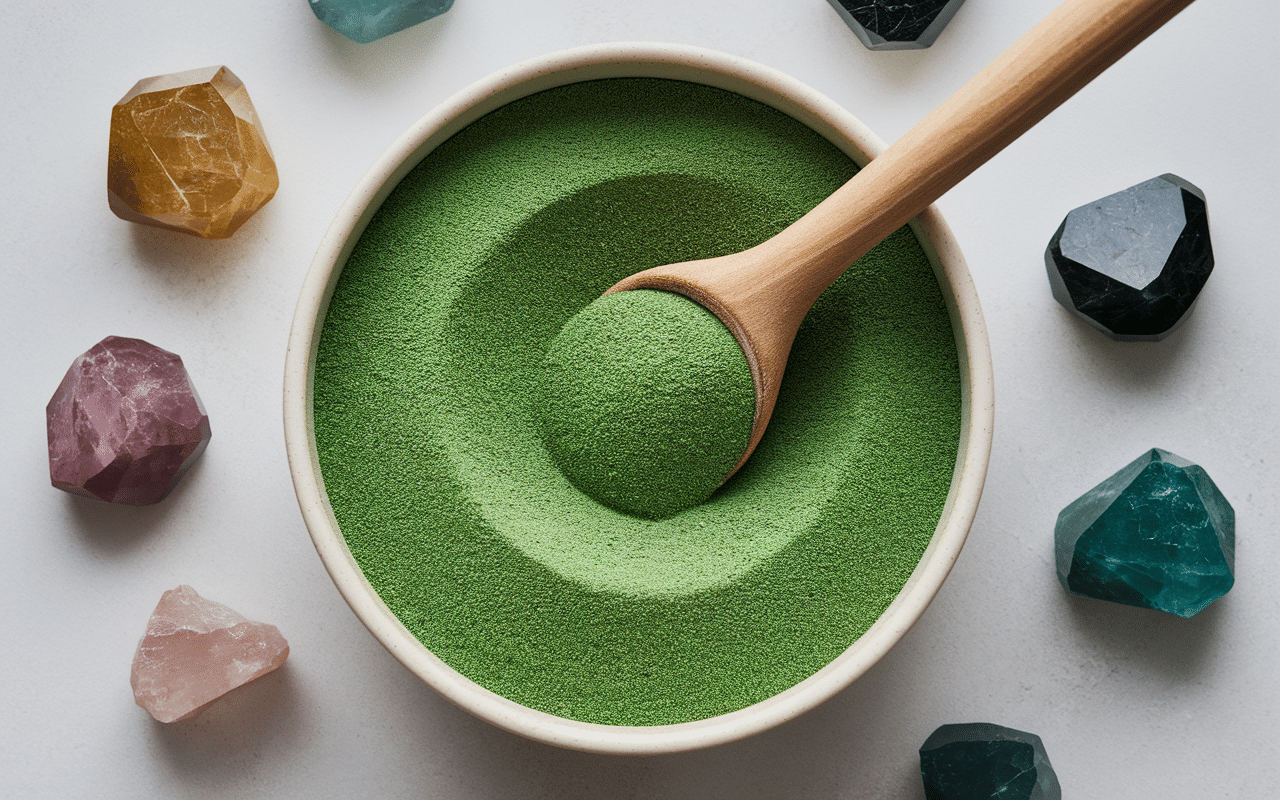 Argile verte poudre céramique pâte verte homogène cuillère bois