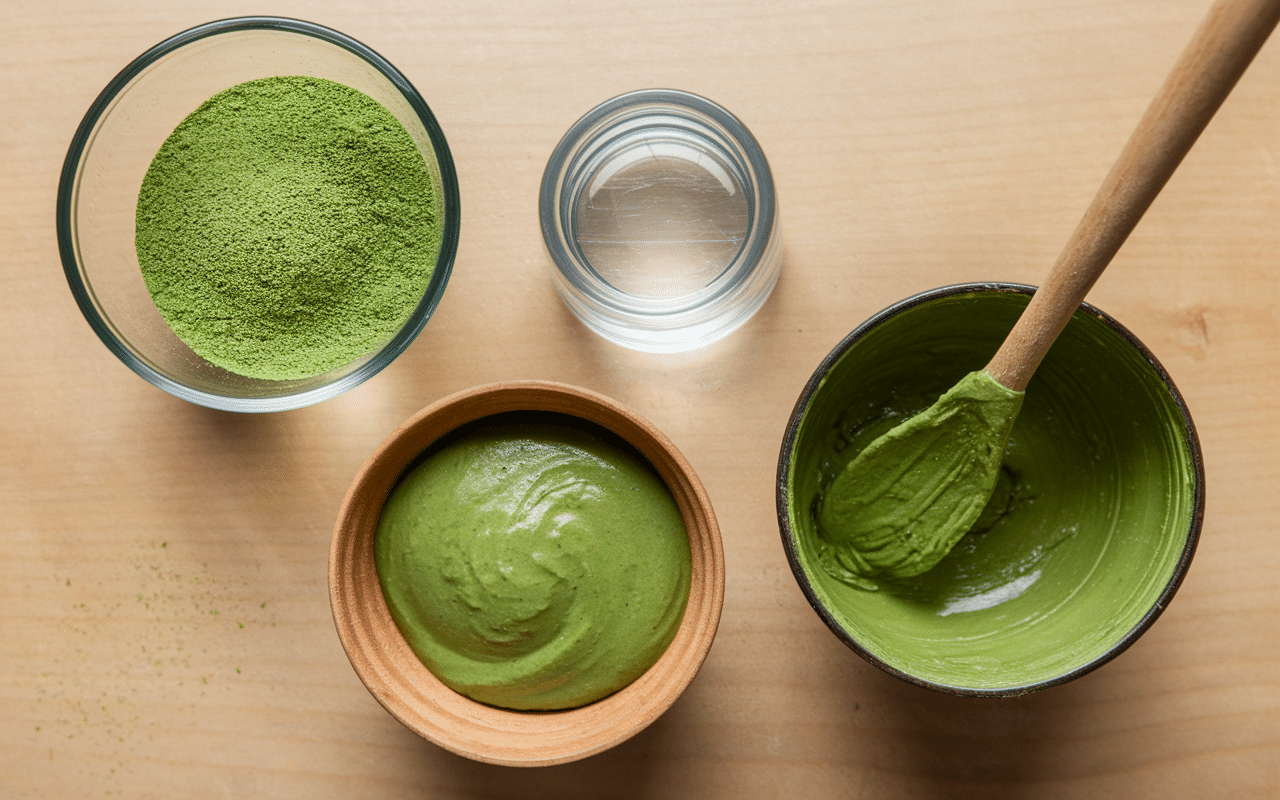 Préparation pâte cataplasme argile verte bol verre cuillère bois eau