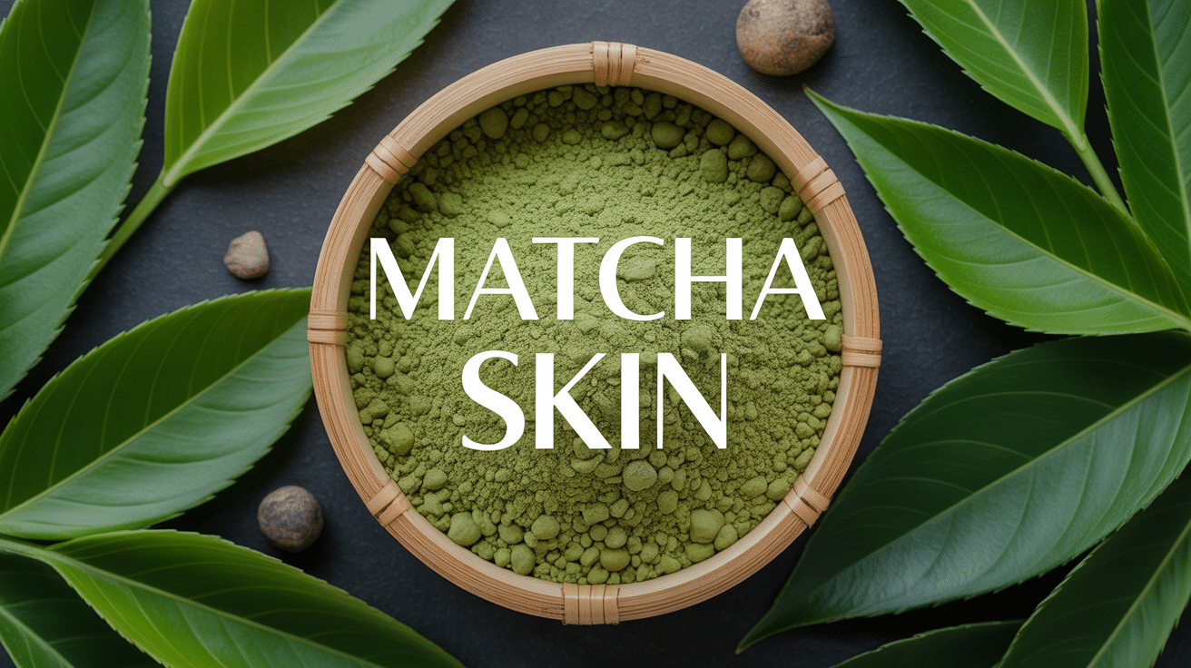Poudre de thé matcha dans un bol traditionnel avec feuilles vertes