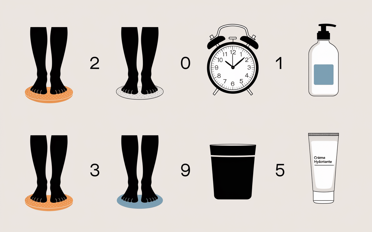 Guides etapes peeling pied chaussettes chronometre