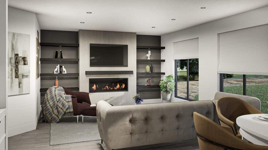 Modern living room with fireplace and built-in shelves, ideal for cozy family gatherings.