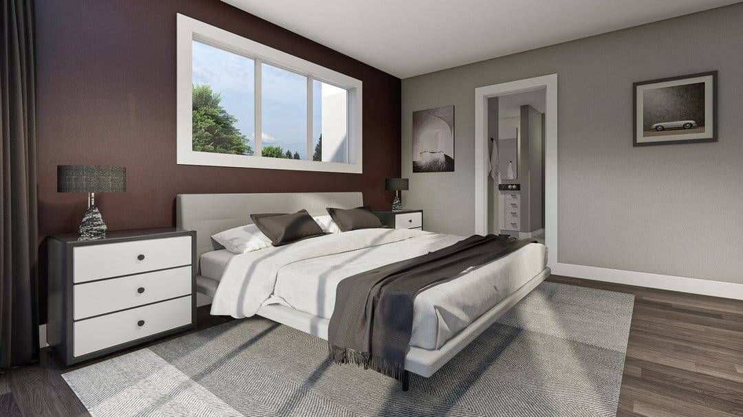 Modern bedroom with contemporary decor, stylish furniture, and large window overlooking lush greenery.