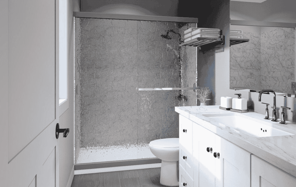 Modern bathroom with sleek white vanity and contemporary fixtures.