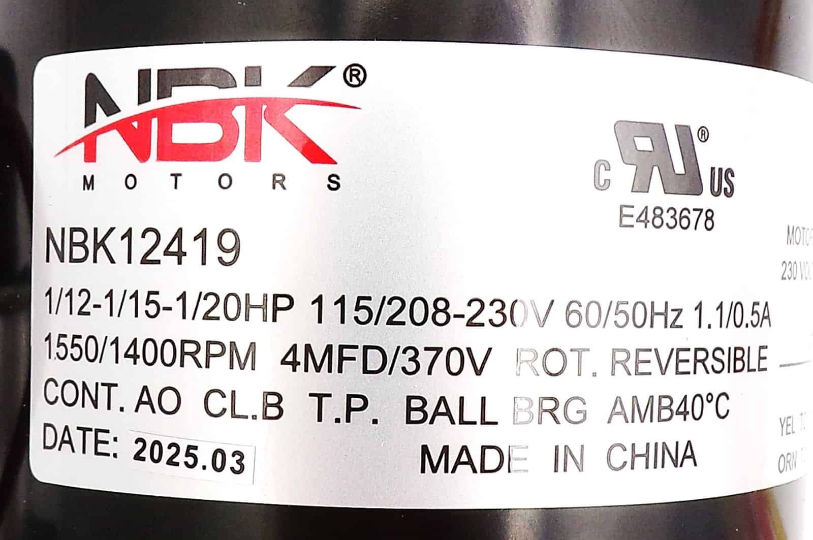 NBK-12419 Fan Motor 115/230V 1.0/.5 AMPS, RPM 1550/1400 1/12 HP - Image 2