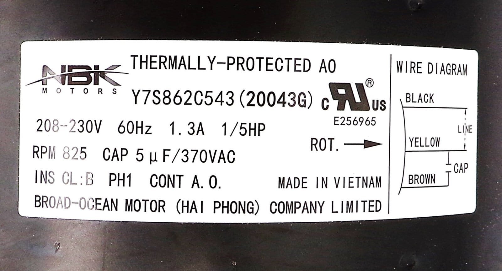 NBK-20043G CONDENSOR MOTOR 1/5 HP, 825 RPM, 208-230V - Image 3