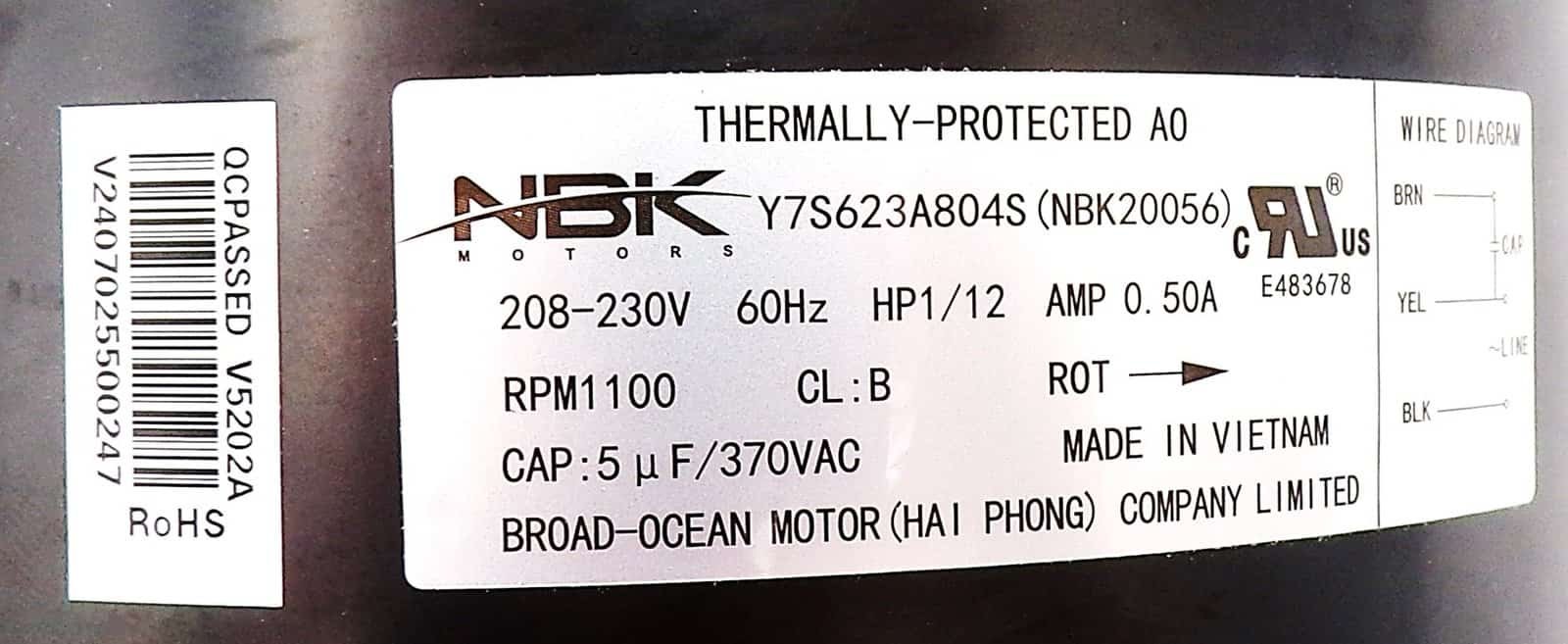 NBK-20056 CONDENSOR FAN MOTOR 1/12 HP 208/230V - Image 2