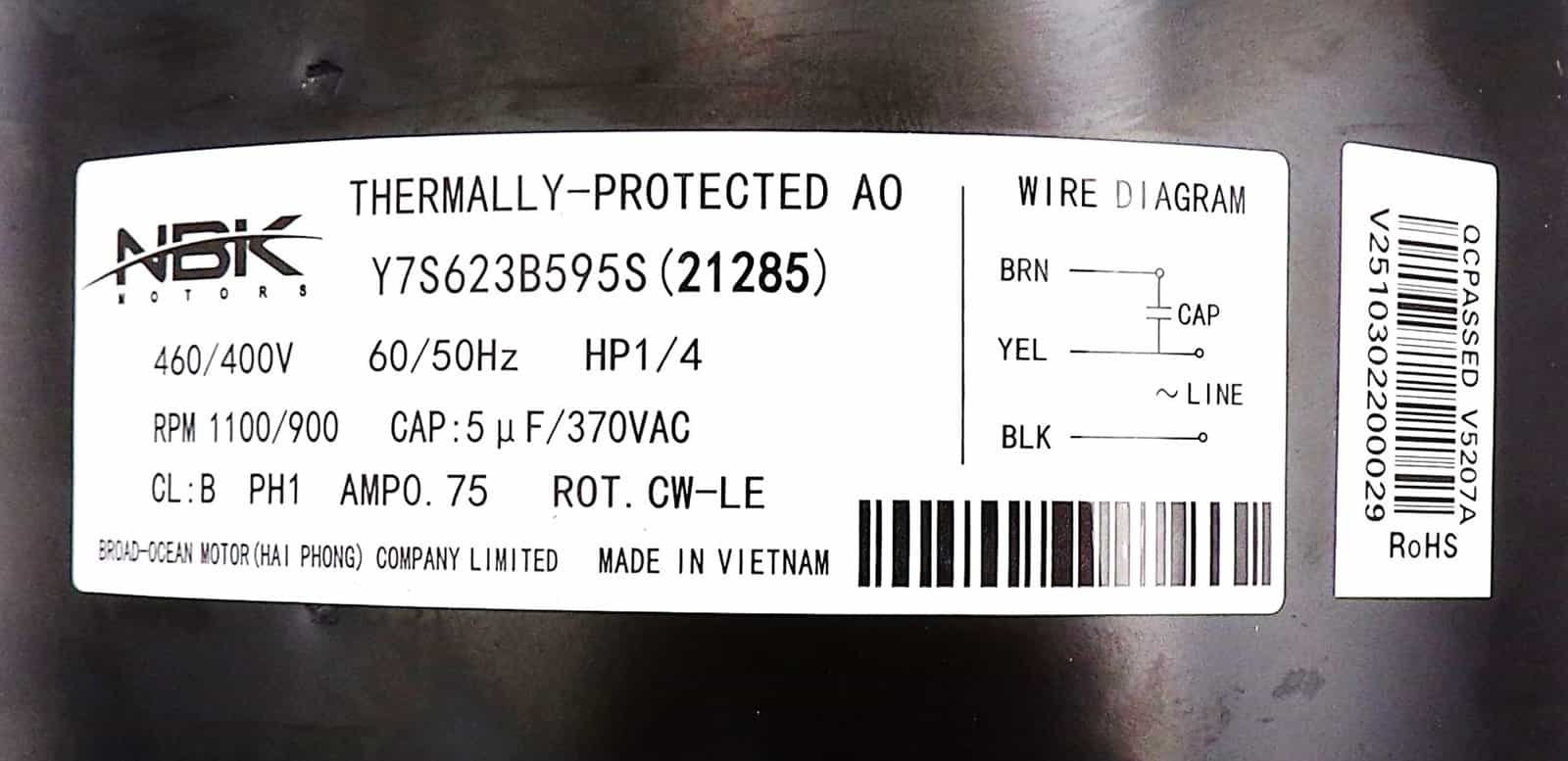 NBK-21285 CONDENSER MOTOR 1/4 HP 460/400V 50/60HZ - Image 3