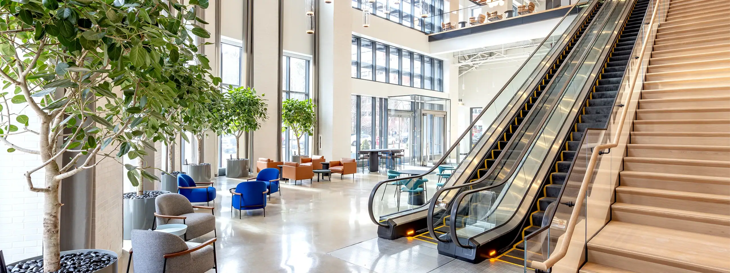 Modern lobby with large windows, indoor trees, and seating areas.