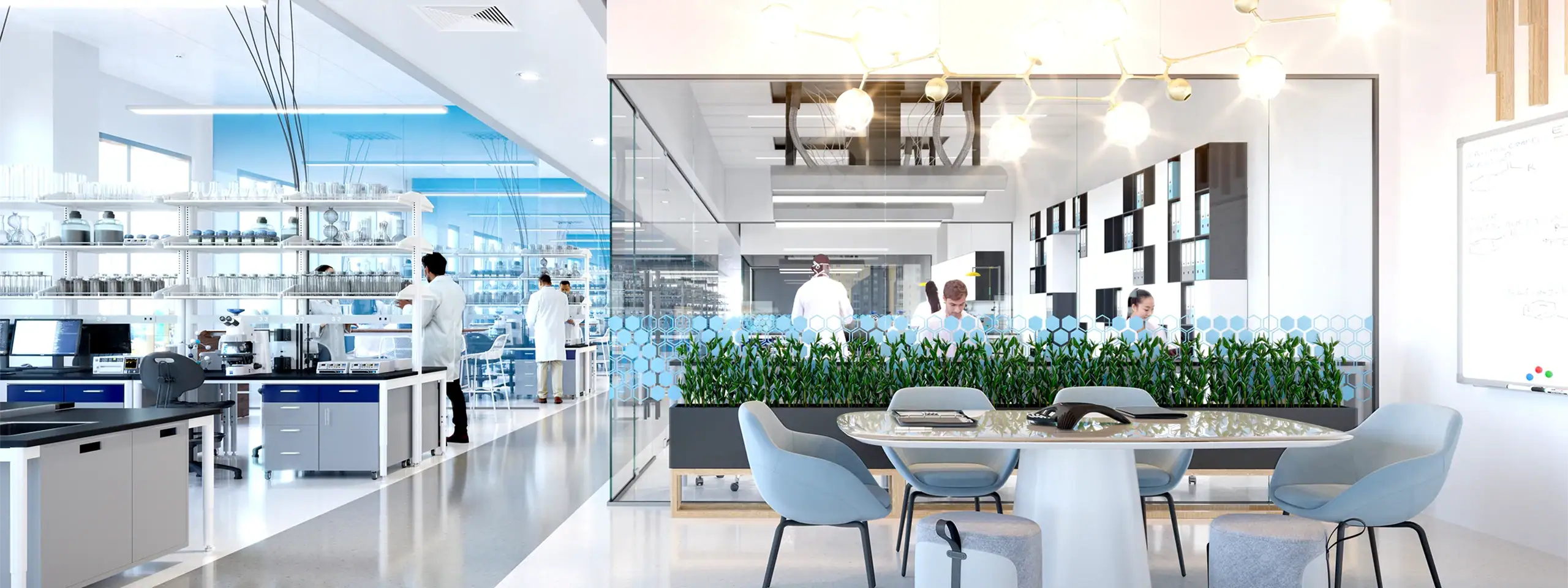 Modern laboratory with scientists working and advanced equipment.