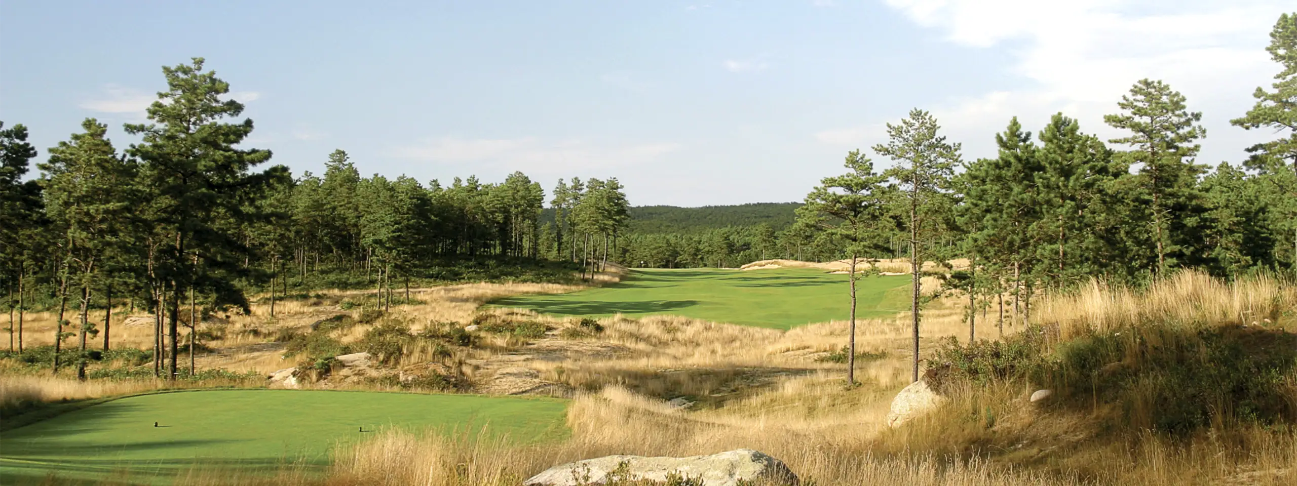A scenic golf course surrounded by trees and natural landscape in New England.