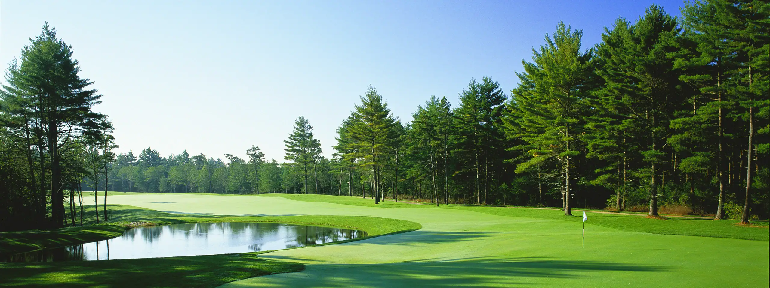 Golf course with green fairways, trees, and a small pond under a clear blue sky.