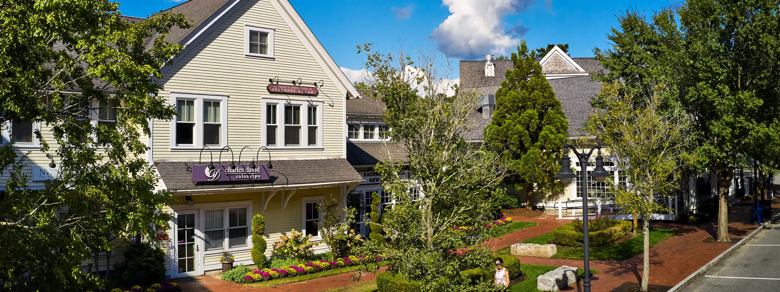 Charming neighborhood with trees, houses, and a clear blue sky in New England.