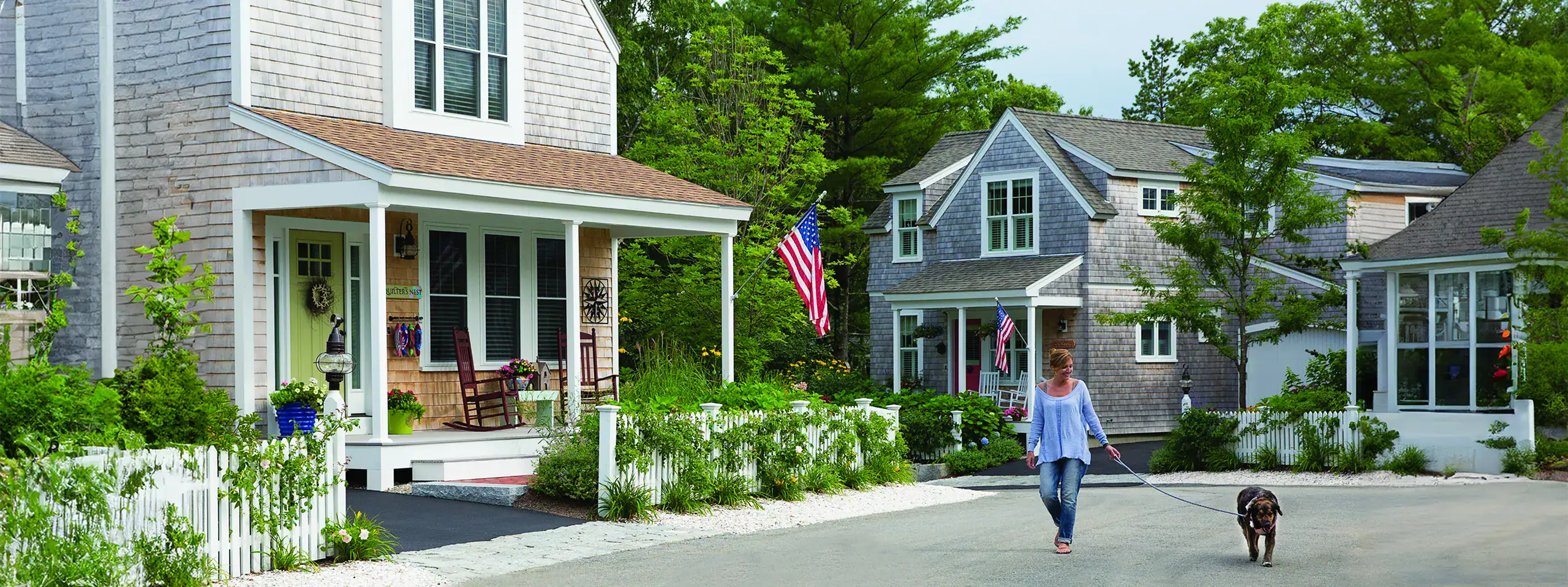 Residential neighborhood with houses, trees, and a person walking a dog.