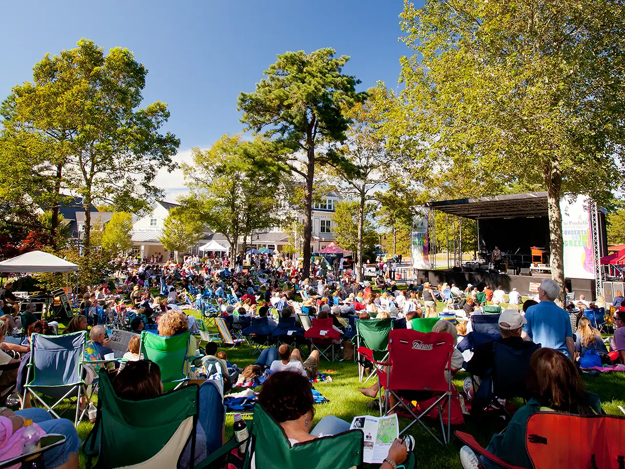 Crowd enjoying outdoor concert in a park with trees and a stage.