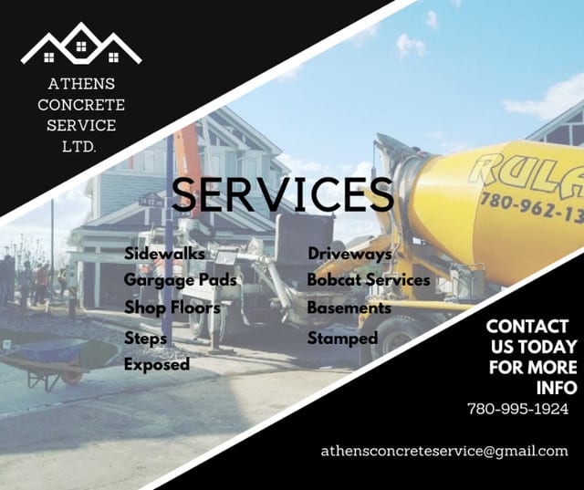 Concrete service company in Athens offering sidewalks, driveways, garage pads, shop floors, and more.