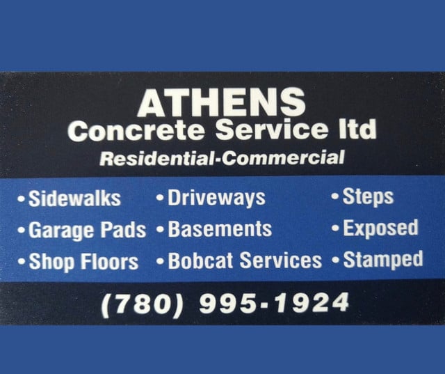 Concrete service sign for Athens Concrete Service Ltd in Athens, offering residential and commercial concrete solutions.