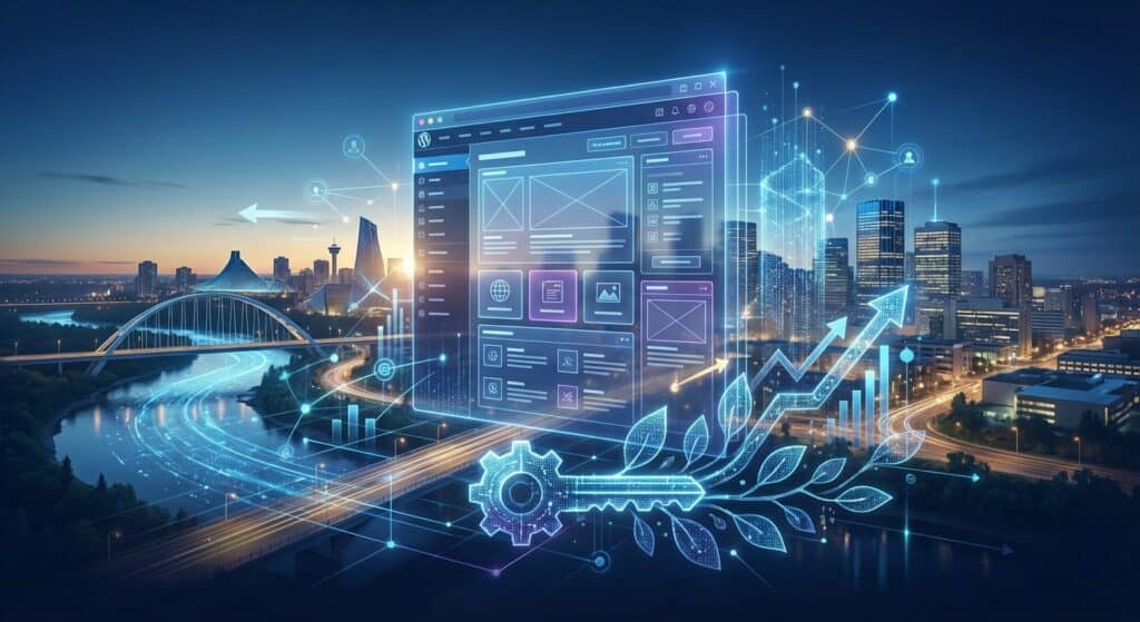 A futuristic cityscape with digital overlays illustrating interconnected technology, data analytics, and urban infrastructure for smart city development at sunset.