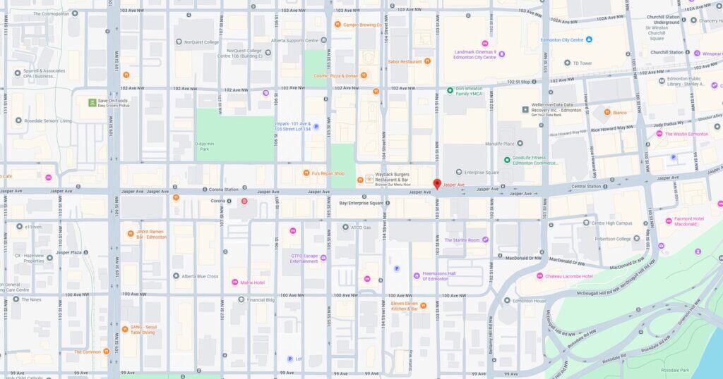 Detailed map of Edmonton city center showing streets, landmarks, and points of interest for navigation and exploration.