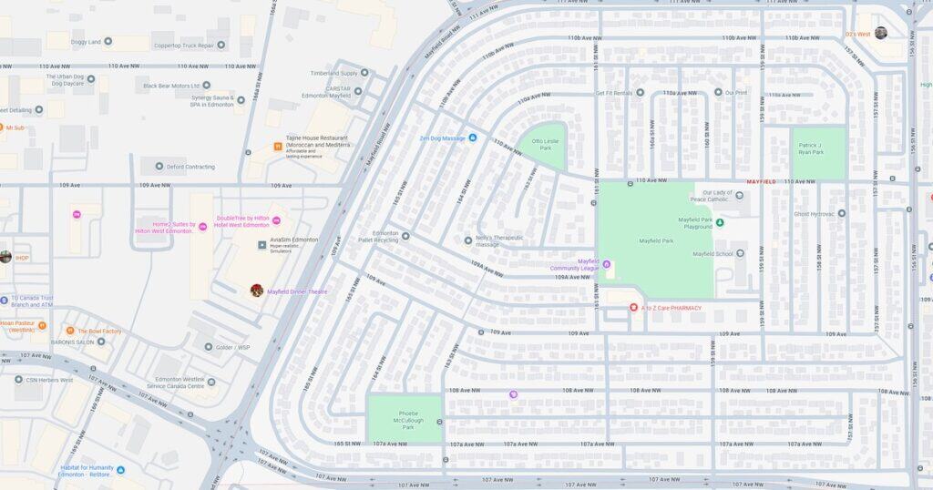 Detailed map of Mayfield Edmonton showing local parks, streets, and key locations including Mayfield Park, Otto Leslie Park, and nearby amenities.