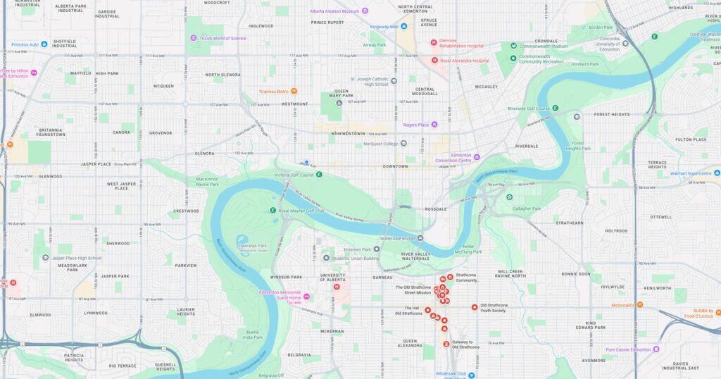 Detailed map of Edmonton showing parks, rivers, neighborhoods, and landmarks in the city.