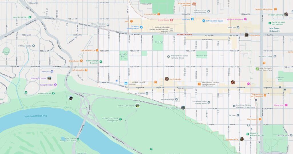 Detailed map of Edmonton with parks, landmarks, streets, and points of interest highlighting key locations in the city.