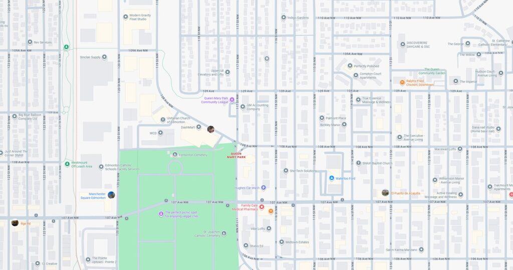 A detailed map of Queen Mary Park area in Edmonton, with nearby streets, landmarks, cemeteries, and local businesses. Ideal for navigation, community exploration, and local insights.