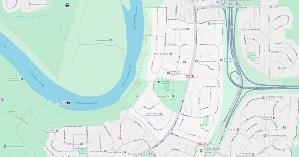 Detailed map of Ramsay Heights neighborhood showing parks, schools, and main roads in Edmonton, Alberta.