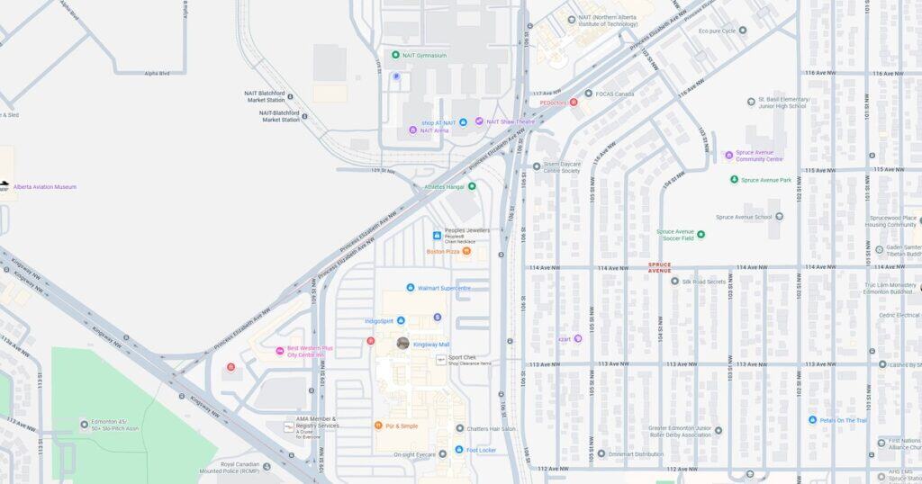 Detailed map showing key shopping centers, landmarks, entertainment venues, and streets in northwest Edmonton, Alberta.