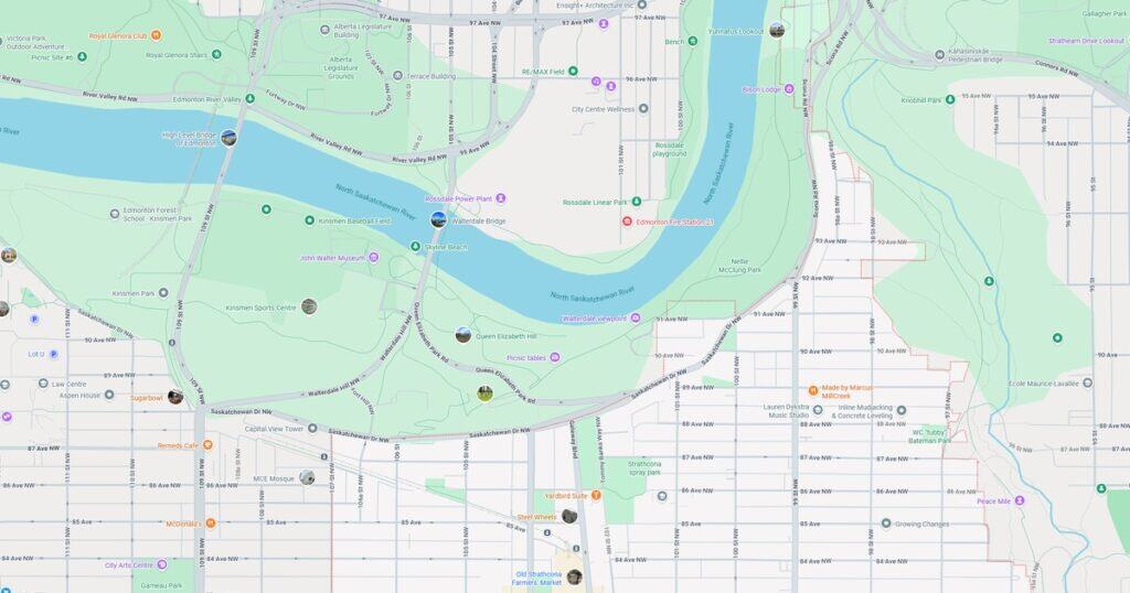 Colorful map of Edmonton, showcasing parks, bridges, museums, and landmarks in detailed detail.