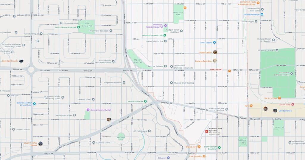 Detailed neighborhood map of Glenora in Edmonton, showing parks, schools, businesses, and landmarks. Essential for local navigation and planning.