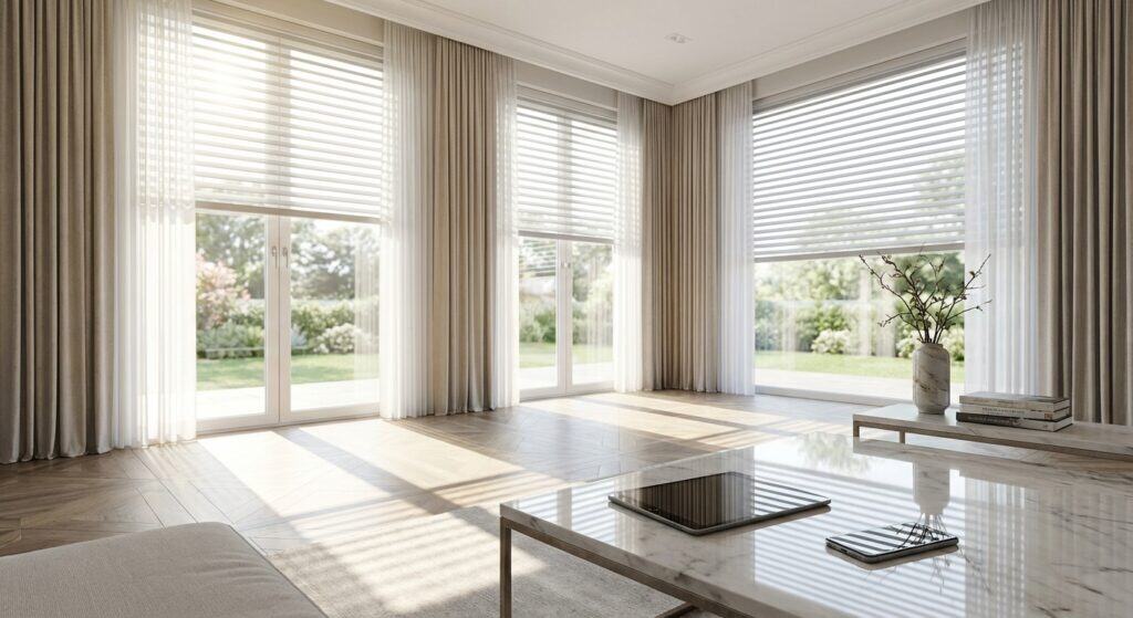 Sunlit modern living space featuring expansive windows with white blinds, airy curtains, and minimalist decor.