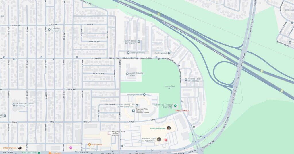 Detailed map showing streets, parks, and highways in a suburban area for navigation and urban planning.