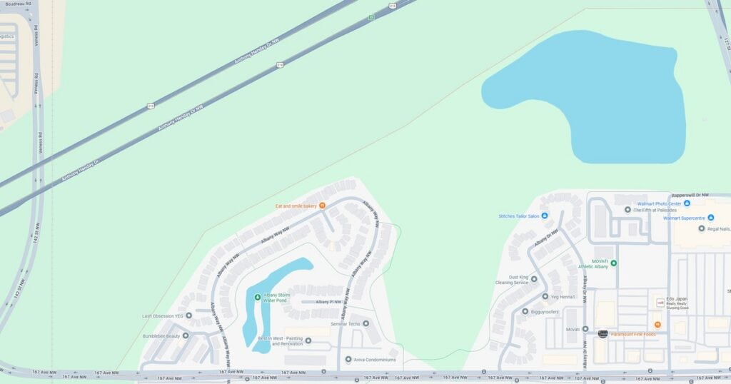 A detailed map of Sunset Lake residential area showing streets, homes, and nearby natural features.